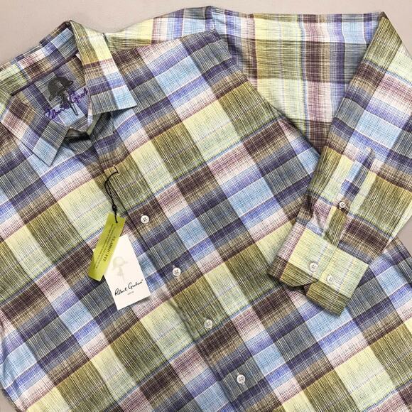 Robert Graham Long Sleeve Button Shirt Plaid Mens Medium Checkered Blue Green - Picture 1 of 6